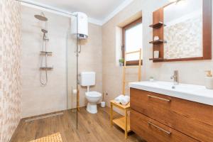 łazienka z prysznicem, toaletą i umywalką w obiekcie Rental house Nada w Fažanie +37 zdjęć