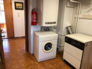 eine Küche mit Waschmaschine und ein Feuerlöscher in der Unterkunft Foidlhaus in Bierbaum am Auersbach