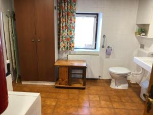 ein Badezimmer mit einer Toilette und einem Tisch darin in der Unterkunft Foidlhaus in Bierbaum am Auersbach + 35 Fotos