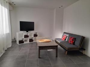 salon z kanapą, telewizorem i stołem w obiekcie Appart rénové w Awinionie