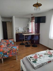 a living room with a bed and a table and chairs at GARSONIERA DANIA&PETRU 1 in Tîrgu Ocna