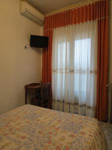 Schlafzimmer mit einem Bett und einem Fenster mit einem TV in der Unterkunft Hostal Palacios Fuencarral in Madrid