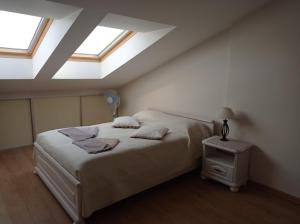 a bedroom with a bed and a skylight at kotedžas Akvilė in Nida