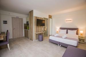 una camera con letto, scrivania e TV di Armonia Resort a Ofrínion