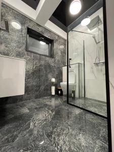 ein Badezimmer mit Glasdusche und Toilette in der Unterkunft First line sea in Năvodari
