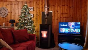 a living room with a christmas tree and a television at Séjour cosy au Chamily in Somme-Leuze