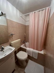 a bathroom with a toilet sink and a shower curtain at Apartments and Rooms Jasna in Hvar