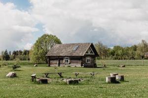 a log cabin in the middle of a field at Vienkiemio Oazė - Namelis Prie Upelio in Galvokai