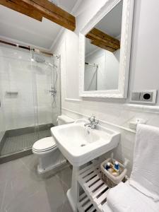 ein Badezimmer mit einem Waschbecken, einem WC und einem Spiegel in der Unterkunft Apartamentos El Mirador del Poeta in Salamanca