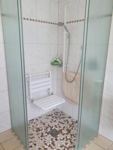 a shower in a bathroom with a tile floor at Klettgauperle - familien- und behindertengerechte Ferienwohnung in Griessen +12 photos