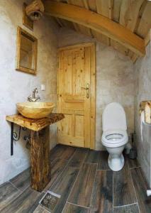 a bathroom with a sink and a toilet at Casa Bună Fundățica in Fundăţica