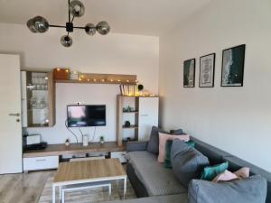 uma sala de estar com um sofá e uma mesa em Apartment Mini em Kumanovo