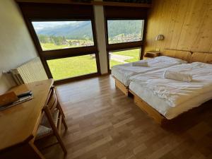 1 dormitorio con 1 cama, escritorio y ventanas en Hotel D'La Varda, en Padola