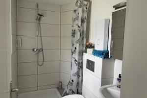 ein Bad mit einer Dusche, einem WC und einem Waschbecken in der Unterkunft Private Room with own bathroom in Hannover