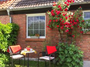 a table and chairs in front of a brick house with red flowers at Ferienwohnung Schubertstraße in Malchow
