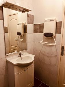 łazienka z umywalką i dozownikiem mydła na ścianie w obiekcie Grand studio avec mezzanine w Orleanie