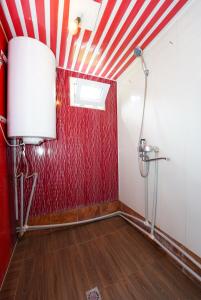 a room with a red and white striped ceiling at Guesthouse Nora in Ushguli