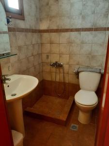 a bathroom with a shower and a toilet and a sink at Hotel Kosmas in Sarti