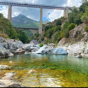 un pont sur une rivière avec un pont en arrière-plan dans l'établissement Superbe appartement Corte, à Corte