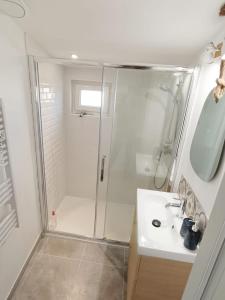 y baño con ducha y lavamanos. en Immeuble Centre Ville en Saint-Médard-de-Guizières