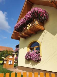 a building with a window with purple flowers on it at Žltý dom Vrbov in Vrbov