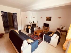 a living room with two couches and a fireplace at Vila Flora in Santa Bárbara de Nexe