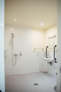 ein weißes Bad mit einem Waschbecken und einer Dusche in der Unterkunft The Jolly Drover in Liss