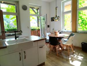 eine Küche mit einem Waschbecken und einem Tisch mit Stühlen in der Unterkunft FeRo´s Ferienwohnung in Wernigerode