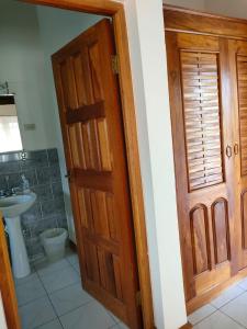 a bathroom with a wooden door and a sink at Zuri Enterprise in Negril
