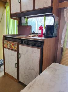 una cocina en una caravana con un aparato rosa en Koppány Pines Rewild Escapes - Vintage Caravan, en Koppányszántó