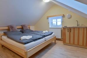 1 dormitorio con 1 cama con toallas en Pension Na Vyhlídce, en Janov nad Nisou