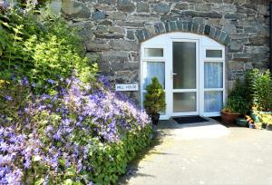 una casa de piedra con una puerta blanca y flores púrpuras en Abergwynant Farm Glamping & Apartments, en Dolgellau