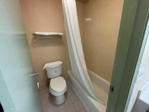 a bathroom with a toilet and a shower at Americas Best Value Inn Hobby Airport in Houston