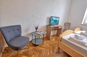 ein Schlafzimmer mit einem Bett, einem Stuhl und einem Schreibtisch in der Unterkunft Prenočišča Miklavčič in Nova Vas