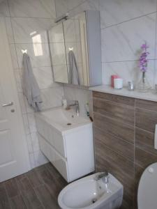 uma casa de banho com um lavatório, um WC e um espelho. em Villa Brabant em Stolac