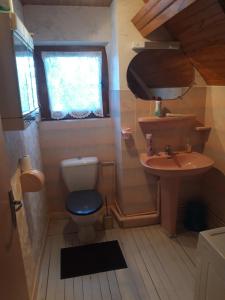 La salle de bains est pourvue de toilettes, d'un lavabo et d'une fenêtre. dans l'établissement Maison de campagne, à Eygurande