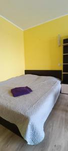 a bedroom with a large bed in a yellow wall at Adelės Apartamentai Panevėžyje in Panevėžys