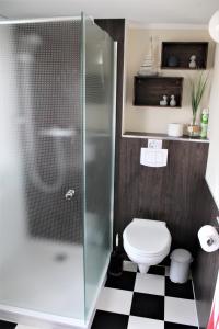 a bathroom with a toilet and a glass shower at FeWo-Auszeit 2 in Harschbach