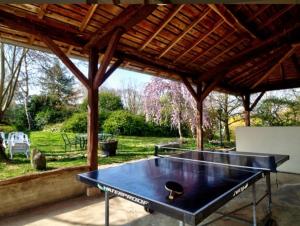 una mesa de ping pong sentada bajo un pabellón en Chambres d'hôtes Les Vignes, en Montcet