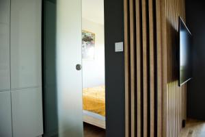 sypialnia z lustrem i łóżkiem w obiekcie Apartament Jastrzębie w Jastrzębiu Zdroju