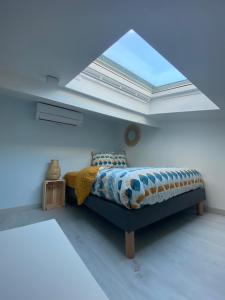 sypialnia z łóżkiem i świetlikiem w obiekcie Superbe appartement climatisé entre mer et montagne w mieście Anglet