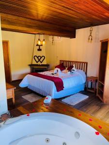 1 dormitorio con cama y bañera en Hotel Pião Mineiro, en Monte Verde
