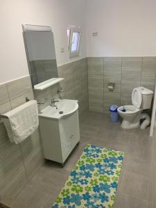 a bathroom with a sink and a toilet and a mirror at Houses by the sea in Vadu