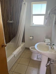 a bathroom with a sink and a toilet and a shower at Valley Motel in Alamosa