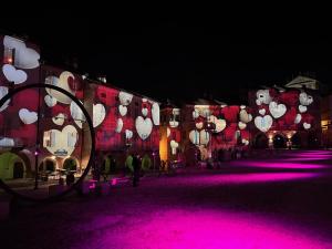 un grupo de edificios con luces rosas en la oscuridad en Casa Margherita, en Mondovì