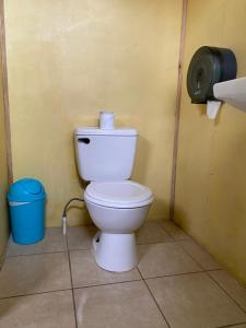 a white toilet in a bathroom with a trash can at Cabinas Popular in Puerto Viejo