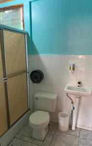 a bathroom with a toilet, sink, and shower at Cabinas Popular in Puerto Viejo