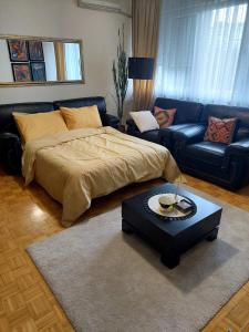 sala de estar con cama y sofá en Retro Cosy Apartment, en Mirijevo