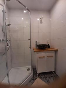 a bathroom with a shower and a sink at Apartament w centrum miasta in Suwałki