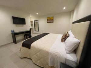 a hotel room with a bed and a desk at ABERDEEN HOTEL DOLORES HIDALGO in Dolores Hidalgo